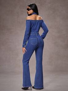 Jeanoix Women's Off-Shoulder Long Sleeve Button Half-Placket Fashionable Flared Denim Jumpsuit - Blue - View 2