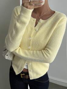 DAZY 女士圆领度假风长袖休闲针织开衫 Y2k - 黃色 - 查看 5