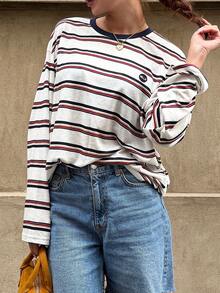 DAZY Women's Striped Round Neck Drop Shoulder Long Sleeve Casual Loose T-Shirt - Multicolor - View 4