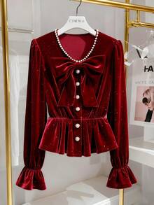 GlowEve Cute Non-Detachable Bowknot, Pearl Decor Round Neck Long Flare Sleeve Buttoned Front Blouse For Women, Suitable For Home, Commute, Outing, Party, Sparkling - Red - View 3