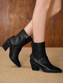 MOTF Botas de tobillo con tacón grueso, hebilla cuadrada, rayas, parches y suela de ante sintético negro, cómodas y de moda para el transporte diario - Negro - Ver 7