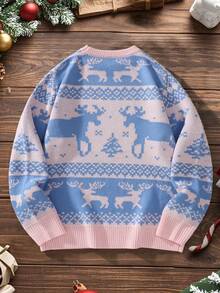 Manfinity Homme Men's Christmas Reindeer Pattern Crew Neck Long Sleeve Casual Sweater, Autumn/Winter - Pink - View 2