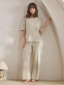 Ocili Leisure Soft Waffle Knit Mid-Sleeve Pants Pajama Set For Women, Comfortable & Chic Autumn/Winter