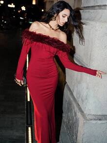 SHEIN LUNE Women's Elegant Fashion Holiday Party Evening Cocktail Date Night Dress With Shiny Waist Twist Ruched Flounce Decor Bodycon Slim Fit Long Sleeve - Burgundy - View 4