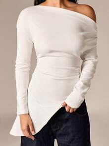AiiRZ Off Shoulder Peplum Topp Långärmad Asymmetrisk Rynkad Bodycon Blus Höst Vintermode
