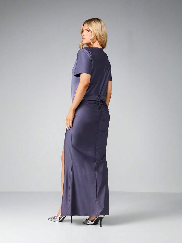 MISSGUIDED Ruched Side Slit Maxi Dress Short Sleeve Evening Formal Bodycon Purple Occasion Wear