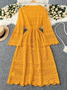 SHEIN Clasi Plus Size Women's Solid Color Beach Resort Romantic Crochet Net Drawstring Tie Bow Cardigan Western Wear
