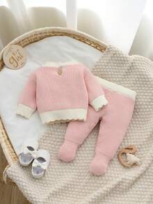 SHEIN Bộ 2 món áo len và quần cho bé gái sơ sinh, thanh lịch và mềm mại, phù hợp cho mùa thu/đông, thường ngày, đi chơi, du lịch, nhà trẻ - Hồng - Xem 2