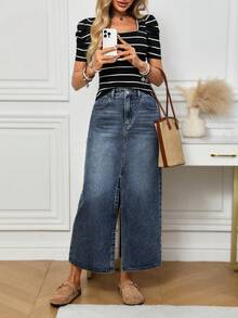 EMERY ROSE 时尚复古长开衩休闲百搭牛仔裙 - 深色水洗藍 - 查看 8