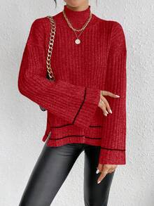 SHEIN LUNE Sweater Pullover Wanita Lengan Panjang Longgar Kasual - Merah - View 4