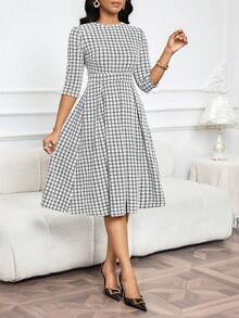 SHEIN Lady Váy midi kẻ caro thời trang dành cho nữ khi đi làm - Đen và trắng - Xem 6