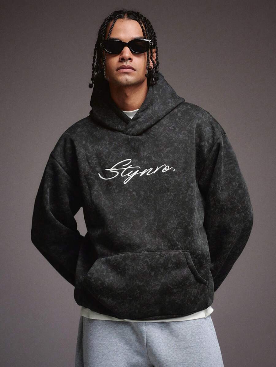 STYNVO 男士雪花字母印花长袖口袋休闲连帽衫 - 黑色 - 查看 1