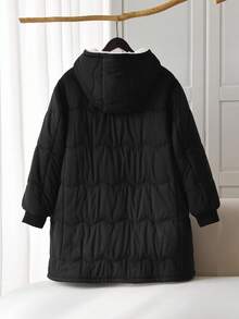 SHEIN CURVE+ Veste à capuche à zip avant manches longues pour femmes grande taille, porter décontracté au quotidien, doublure thermique épaisse pour l'hiver - Noir - Voir 2