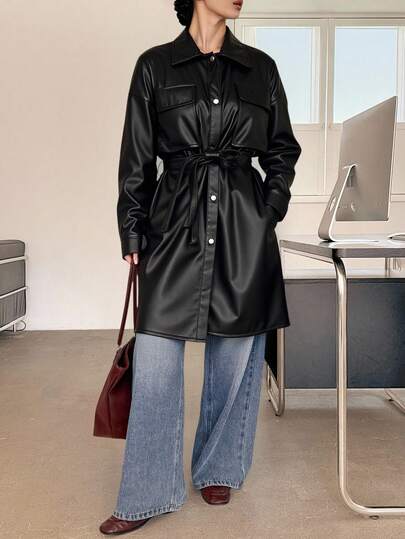 SHEIN Damska elegancka, krótka sukienka z paskiem i dobrej jakości PU