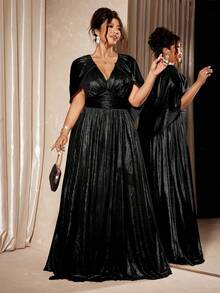 Cravure 大码女士正式长款晚礼服，前开衩设计，金色亮片V领披肩礼服，金属面料大码连衣裙，披肩领设计，收腰剪裁，奢华显瘦，优雅迷人。 - 黑色 - 查看 7