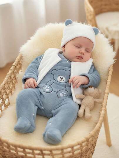 Souflis Souflis 3-pack långärmad babypojkejumpsuit med huva och väst, söt björnbroderi, mjukt plyschtyg, hemklädesset