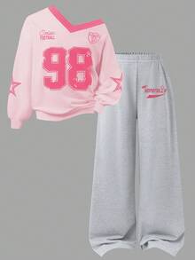 Sparklyn 2pcs/Set Girls Casual Fashion Street Style Numeric & English Letter Star Pattern V-Neck Loose Long Sleeve Top And Wide Leg Sweatpants Sports Suit, Daily Wear