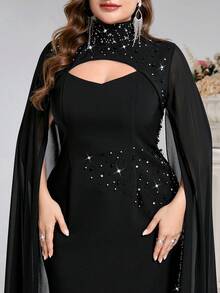 Coutiva Luxury Evening Gown, Stand Collar Long Sleeve Rhinestone Embellished Elegant Formal Dress - Black - View 5