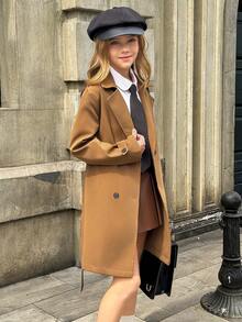 SHEIN 青少年女孩时尚休闲宽松系带双排扣长款风衣，适合秋季通勤或日常穿着 - 棕色 - 查看 4