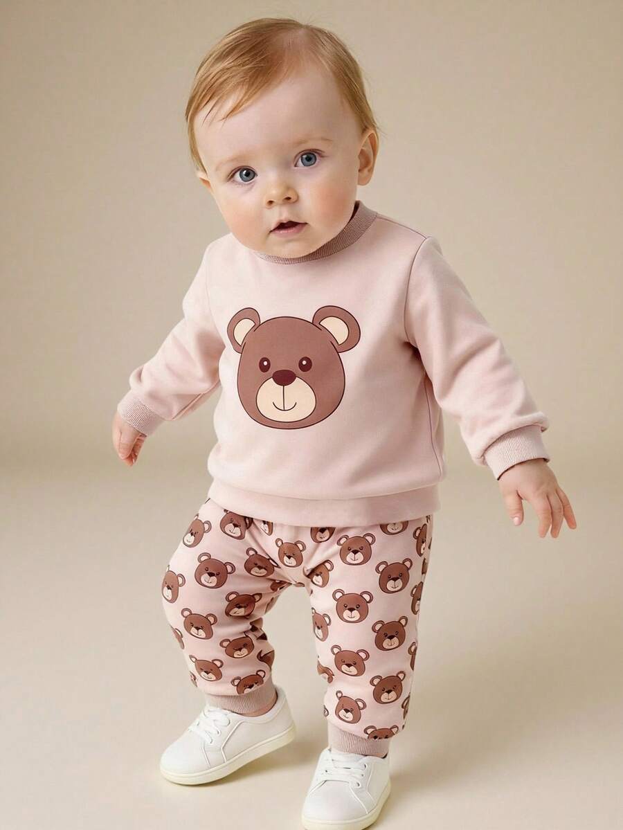 SHEIN Playful Pals 2pcs/Set Baby Boy Colorblock White Gray Green Crew Neck Long Sleeve Pullover Top And Solid Green Pants, Outfit Suitable For Outings, Casual Wear, Sports, And School