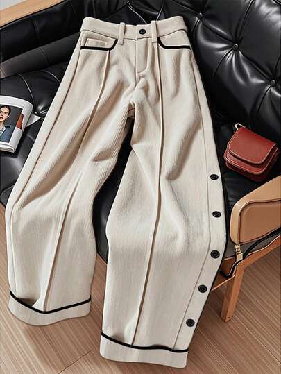 EMERY ROSE Women's Button Decor Pocket Wide Leg Loose Casual Pants