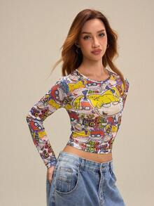 Nick 90s | SHEIN Women's Mesh Sheer Cartoon Pattern Round Neck Long Sleeve Cropped Top - Yellow - View 5