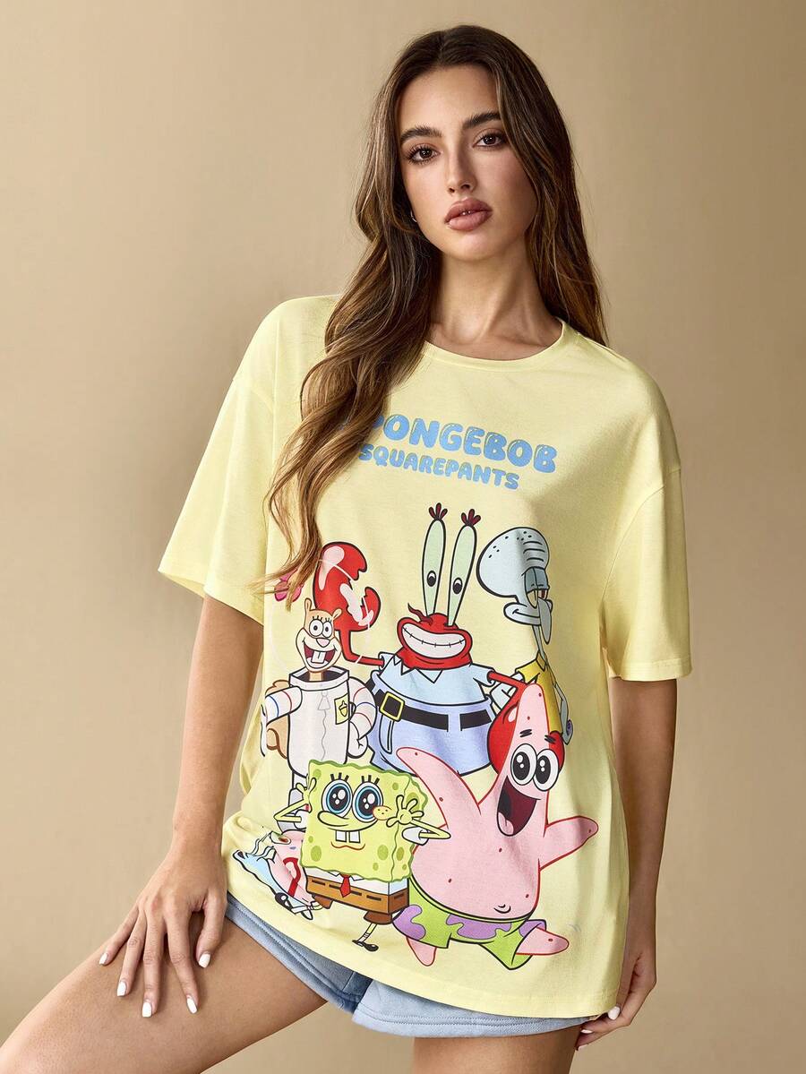 SpongeBob SquarePants | SHEIN Women's Casual Everyday Commute Cute Cartoon Letter Graphic Loose Fit Drop Shoulder T-Shirt, Light Yellow - Light Yellow - View 1