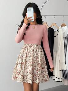 少女休闲圆领纯粉色罗纹宽松碎花拼接长袖连衣裙，适合日常休闲穿着，秋季连衣裙，粉色碎花连衣裙，秋冬连衣裙，粉色连衣裙，秋冬服装，冬季女童服装，母女亲子装 - 粉色 - 查看 9