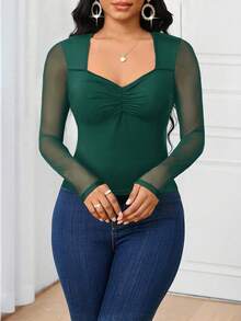 SHEIN Lady Áo thun nữ tay dài cổ tim lưới chắp vá màu trơn, ôm sát - Màu xanh lá cây đậm - Xem 4