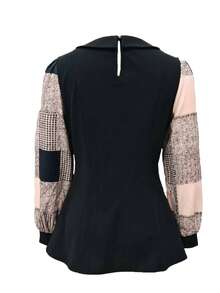 SHEIN 女士纯色纽扣拼接 V 领长袖休闲衬衫