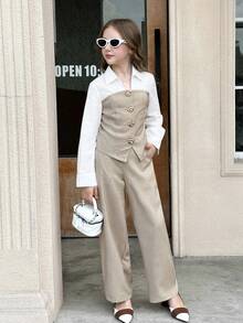 Serisse Kids 2 pièces Ensemble chemise et pantalon color block élégant et décontracté pour préadolescentes, convient pour le port quotidien, les déplacements, la mère et la fille, automne/hiver