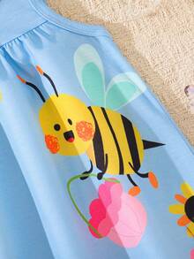 SHEIN Playful Pals Váy không tay họa tiết động vật ong dễ thương cho bé gái, phong cách thời trang mới cho mùa xuân/hè - Màu xanh nhạt - Xem 4