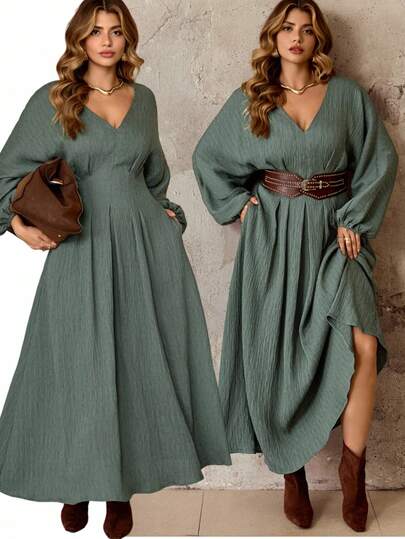 Roveilla Plus Size Women's Elegant French Style Luxury Minimalist High-End Casual, Party, Work, Vacation Comfortable Solid Color Crinkle Fabric V-Neck Cinched Waist A-Line Long Sleeve Maxi Dress Lantern Sleeve Dress Thanksgiving Plus Size Plus Size Christmas Linen Maxi Dress Sage Dress Green Maxi Dress Women Teal Maxi Long Sleeve Dress Long Casual Dress Long Sleeve Summer Dresses