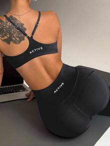 Dewbera 3pcs/Set Casual Versatile Black Personalized Fitted Undershirt With Detachable Cotton Chest Pad, Yoga & Workout Outfit Gym Two Piece Set Yoga Two Piece Set - Black - View 7