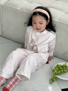 DAZY 女婴猫咪印花圆领长袖上衣和裤子睡衣套装 - 粉色 - 查看 3