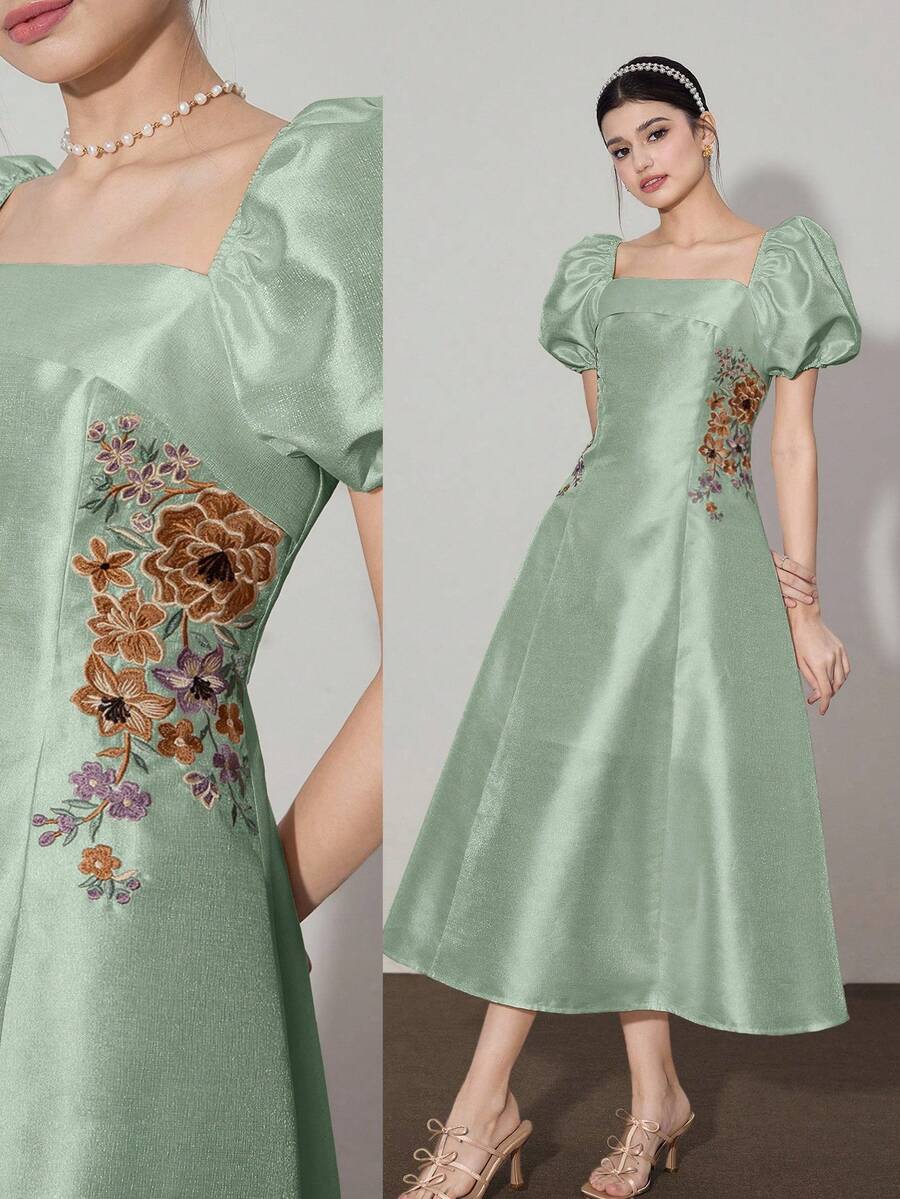 Modelyn Váy midi tay bồng thêu hoa dự tiệc thanh lịch dành cho nữ - màu xanh lá - Xem 1