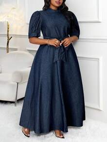 SHEIN Lady Đầm denim tay ngắn buộc eo thường ngày cỡ lớn cho nữ - Rửa tối - Xem 6