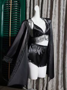 SHEIN 刺绣饰边仿丝绸吊带背心、短裤和睡袍睡衣套装性感睡衣套装缎面睡衣套装，秋冬服装 - 黑色 - 查看 8