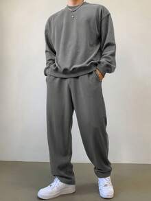 DAZY Men's Solid Color Thick Sweatshirt Set, Autumn - Grey - View 5