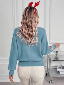 SHEIN LUNE Women's Valentine's Day Sequin Patchwork Crew Neck Long Sleeve Sweater - Dusty Blue - View 2