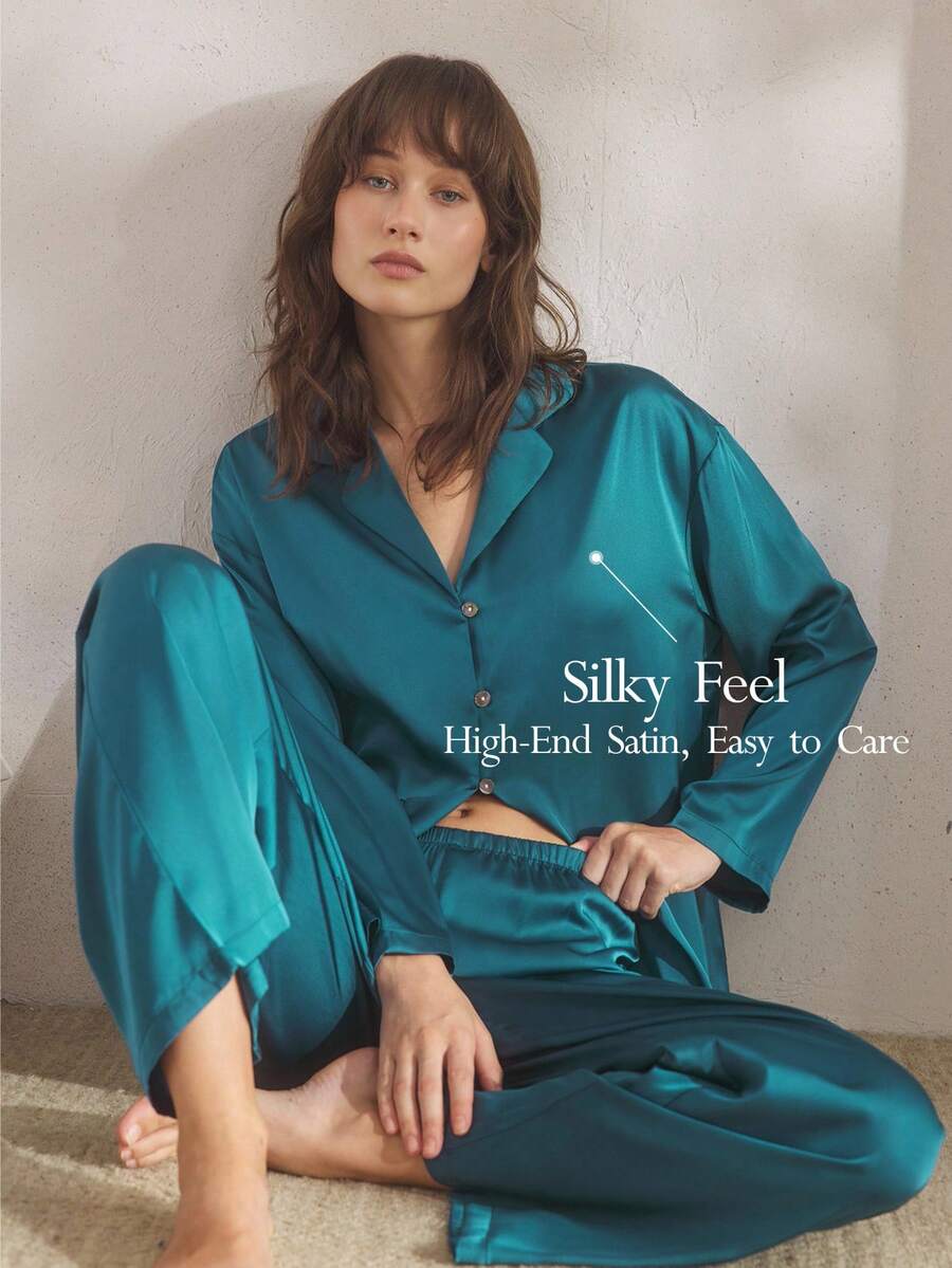 Ocili 丝滑缎面舒适宽松长袖上衣和裤子女士睡衣套装，秋冬服装 - 藏蓝色 - 查看 1