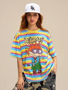 Nick 90s | SHEIN Women's Striped And Cartoon Figure Graphic Round Neck Short Sleeve T-Shirt - Blue - View 6