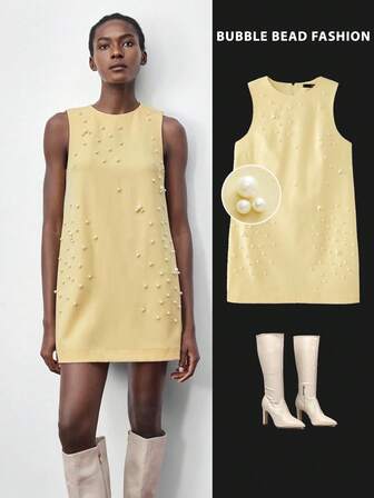 Maija 2025 สีเหลืองครีม คอกลม เข้ารูป ชุดเดรสสั้นผู้หญิง