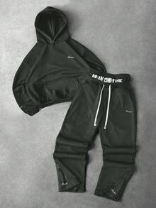 Manfinity EMRG 男士街头风流行INS搭配梦想时尚英国偶像户外音乐节夜店男友老公礼物周年纪念礼物连帽衫和裤子套装，秋季衣服 - 深灰色 - 查看 3