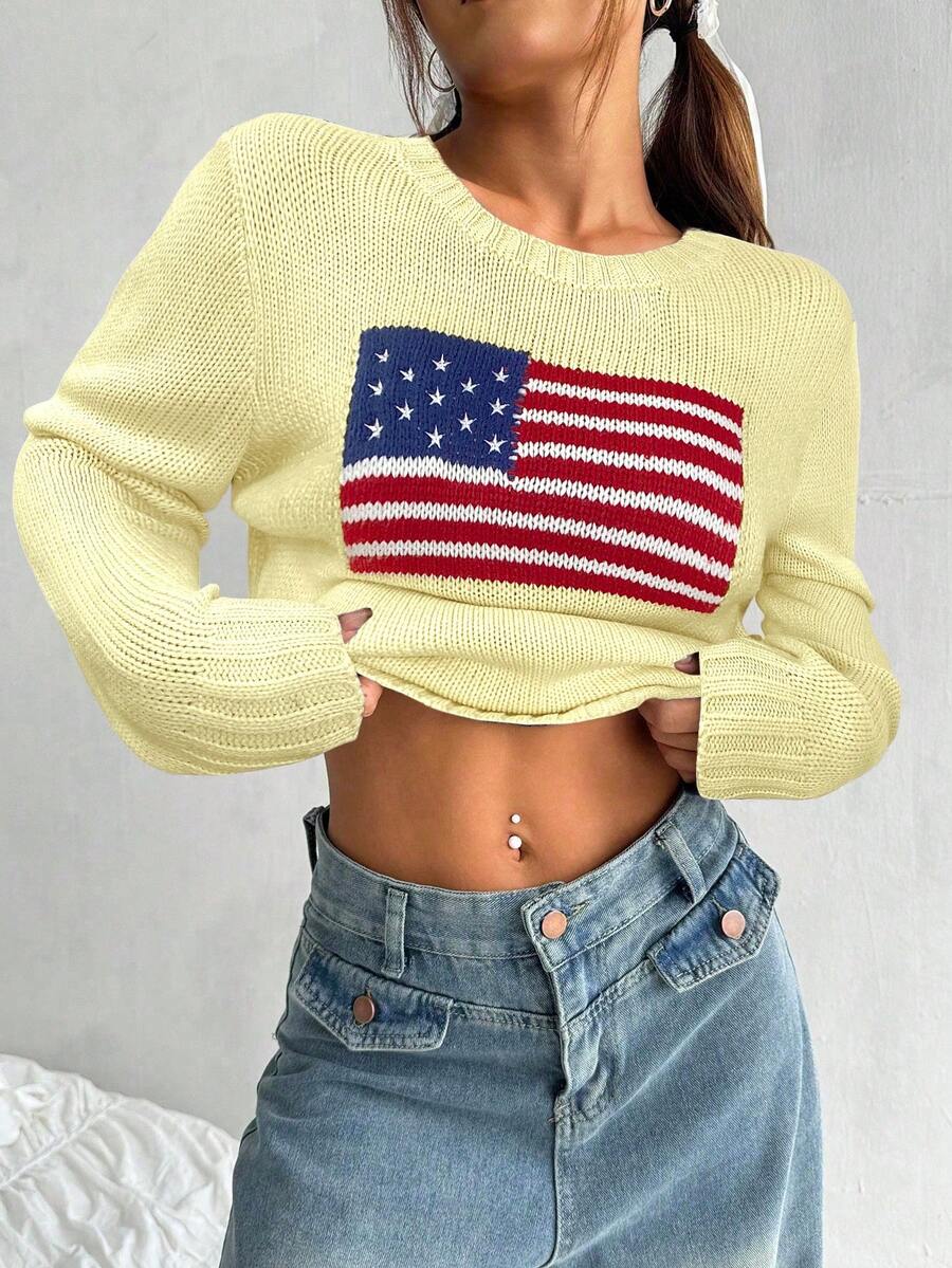 SHEIN EZwear 女士休闲国旗图案针织套头衫（米黄色），秋冬季国旗服饰，短款毛衣，美国国旗上衣，7月4日露脐上衣 - 淡黃色 - 查看 1
