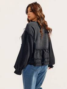 Elaquor Plus Size All-Match Casual Ruffle Patchwork Black T-Shirt, Versatile For All Seasons