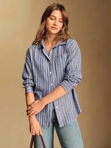 Écloséra French Retro Style Women's Shirt, Women's Thanksgiving, Women's New Year's, Striped Women's Shirt, Women's Shirt For Going Out - Blue - View 4