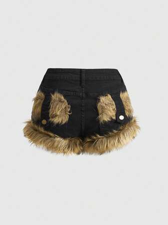 Grunge Punk Shorts di jeans vintage alla moda con patchwork in pelliccia per donne