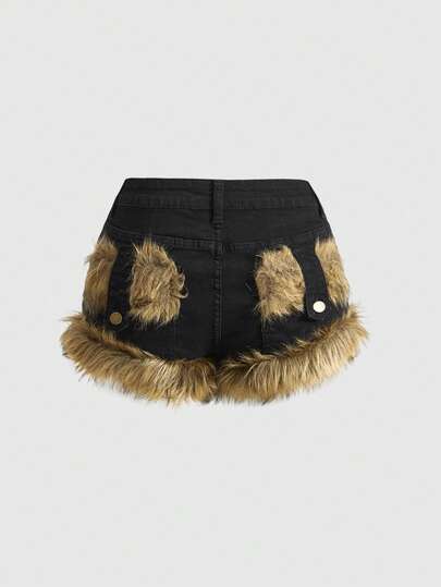 Grunge Punk Women's Kpop Fashionable Vintage Fuzzy Patchwork Denim Shorts
