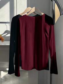 SHEIN EZwear 大码纯色修身长袖T恤，休闲百搭，秋冬款 - 酒紅色 - 查看 4